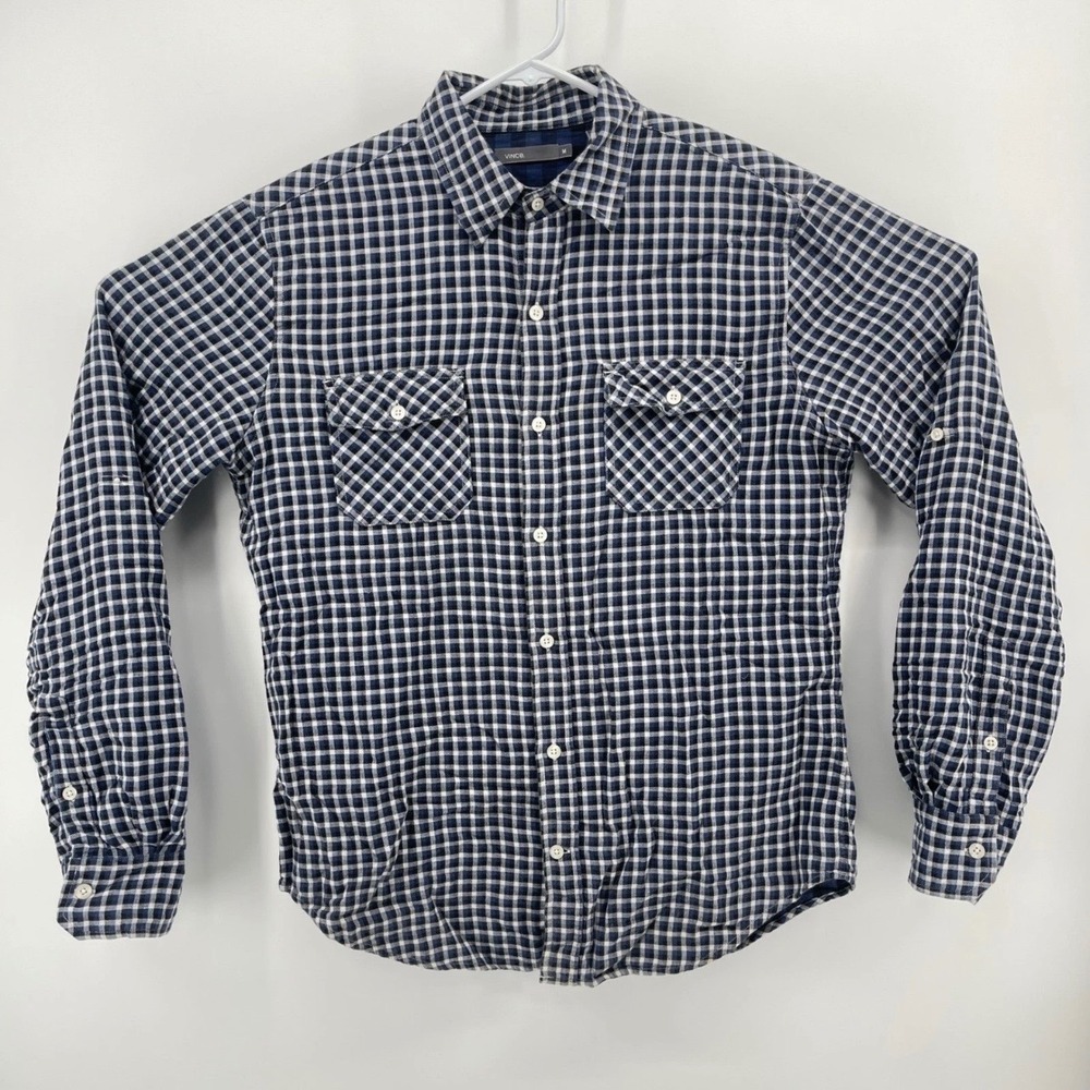 Vince Button Down Shirt Mens M Roll Tab Sleeve Cotton Navy White Gingham